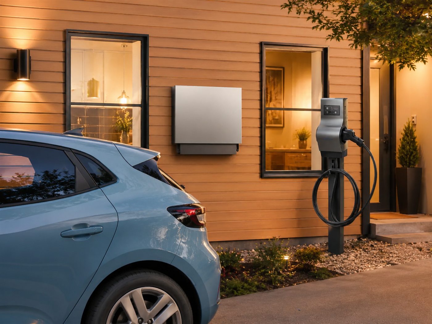 夕暮れの住宅の外壁に設置したV2H充電設備と、充電中の電気自動車