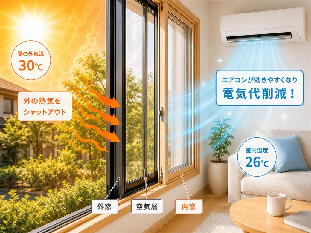 断熱と電気代削減：内窓で外の熱気をシャットアウトし、エアコンが効きやすくなって電気代を削減