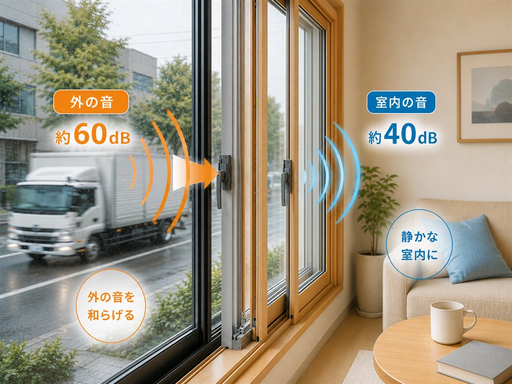 騒音対策：外の音 約60dB を内窓で約40dB以下にやわらげ、静かな室内に
